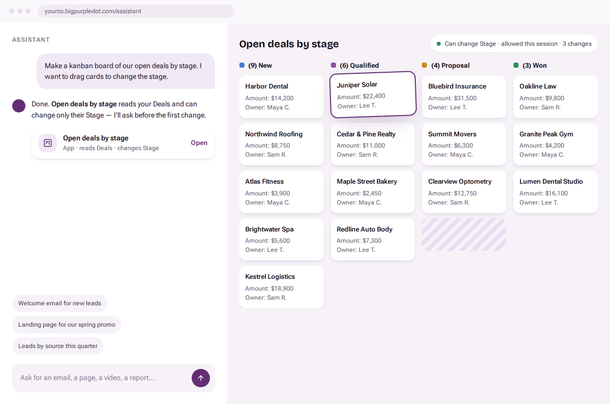 The Assistant building a kanban board of open deals from one sentence, allowed to change only their Stage.