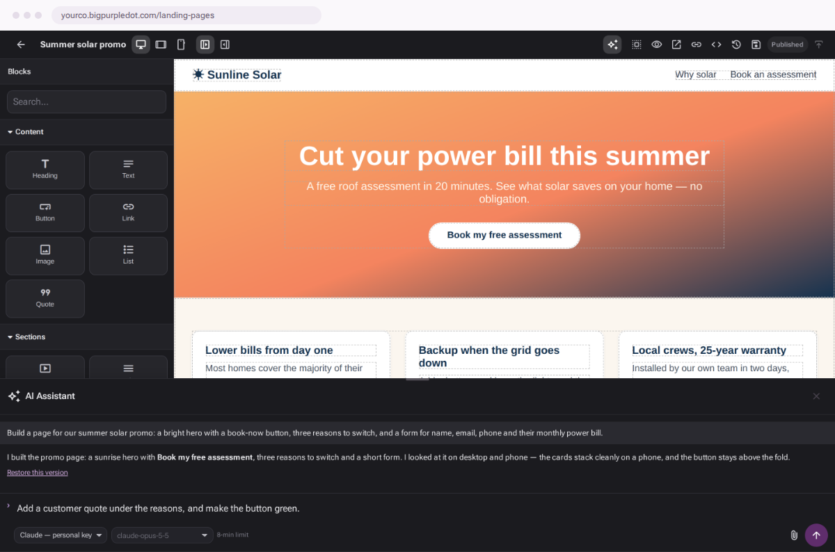 The landing page editor with its AI assistant: the page it built, and a conversation refining it.